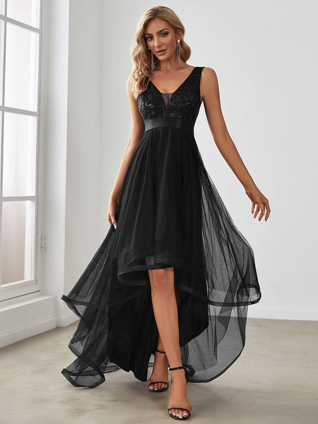 Women's Rust V-Neck Sequin Tulle High-Low Formal Gown