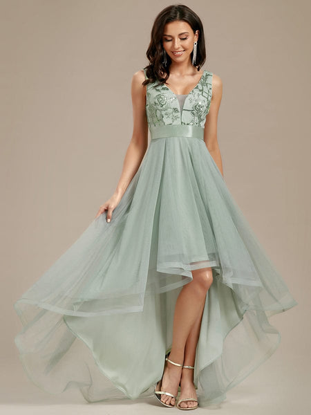 Women's Rust V-Neck Sequin Tulle High-Low Formal Gown
