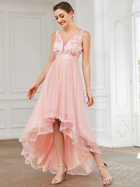Women's Rust V-Neck Sequin Tulle High-Low Formal Gown