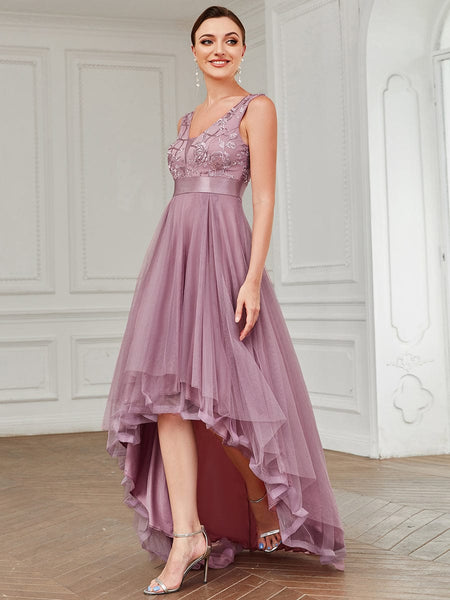 Women's Rust V-Neck Sequin Tulle High-Low Formal Gown