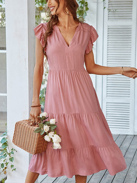 V Neck Sexy Solid Color Casual Fly Sleeve Midi Dress