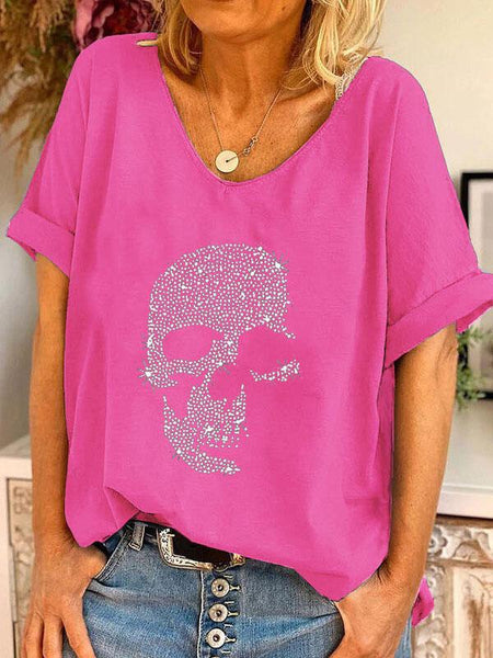 V-neck Skull Print Loose Short Sleeve T-shirt with practical styling and dependable silhouette control.