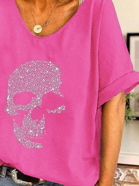 V-neck Skull Print Loose Short Sleeve T-shirt with practical styling and dependable silhouette control.