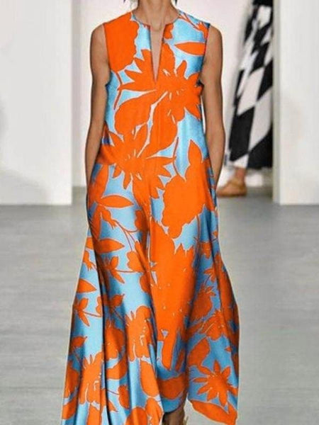 V-Neck Sleeveless Printed Bohemian Dress