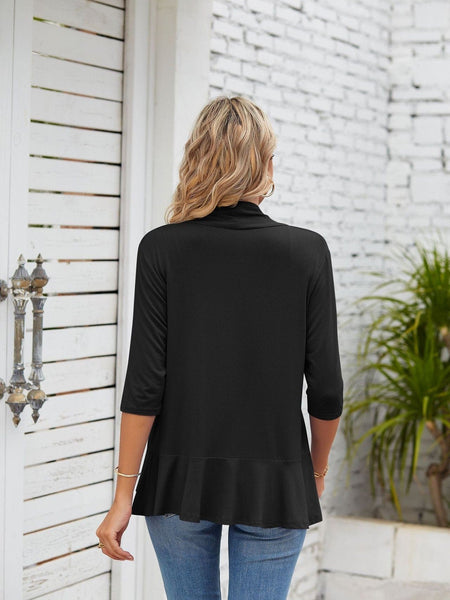 V-neck solid color cardigan coat ruffled top