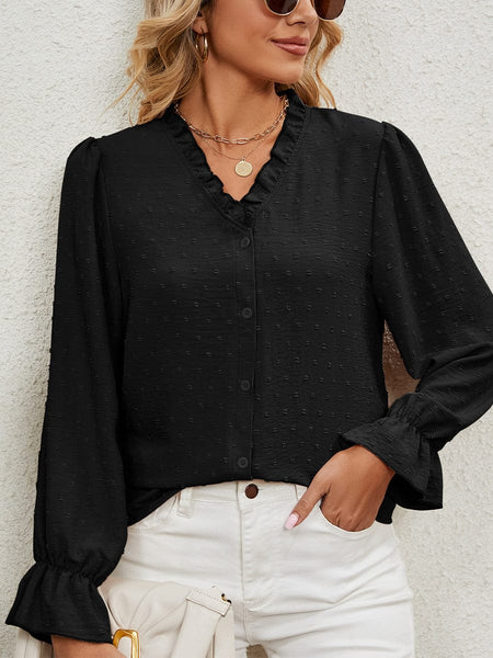 V Neck Solid Color Cut Flower Chiffon Blouse