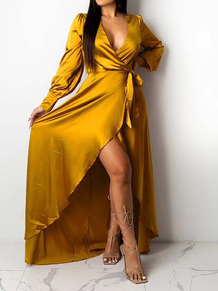 Women's V-Neck Solid Irregular Long Sleeve Dress