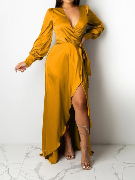 Women's V-Neck Solid Irregular Long Sleeve Dress