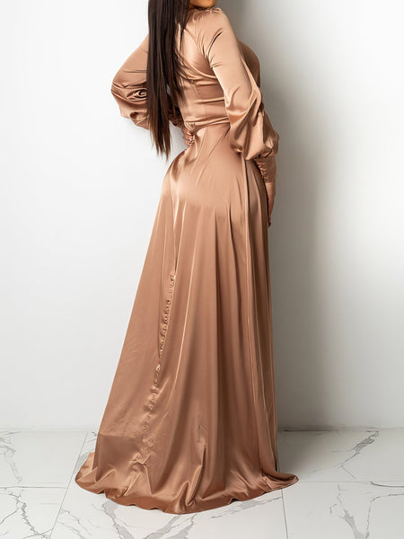 Women's V-Neck Solid Irregular Long Sleeve Dress