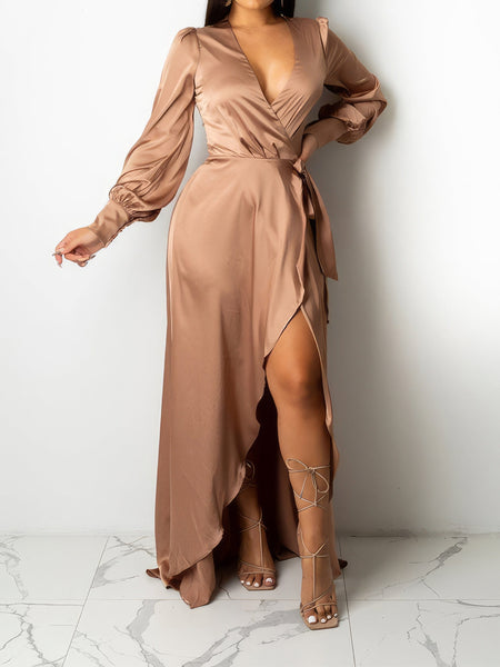 Women's V-Neck Solid Irregular Long Sleeve Dress