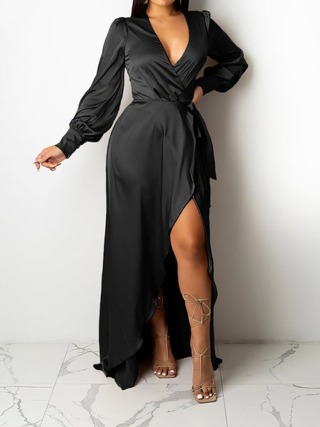 Women's V-Neck Solid Irregular Long Sleeve Dress