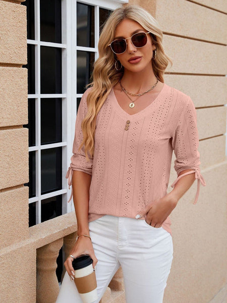 V-neck three-quarter sleeve buttoned drawstring loose T-shirt top