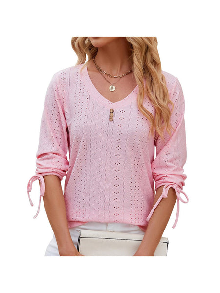 V-neck three-quarter sleeve buttoned drawstring loose T-shirt top
