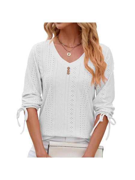 V-neck three-quarter sleeve buttoned drawstring loose T-shirt top