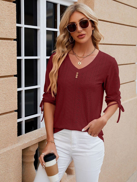 V-neck three-quarter sleeve buttoned drawstring loose T-shirt top
