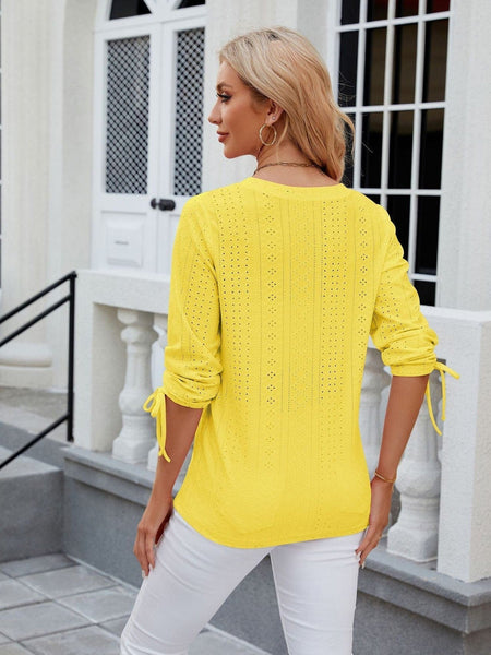 V-neck three-quarter sleeve buttoned drawstring loose T-shirt top