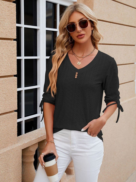 V-neck three-quarter sleeve buttoned drawstring loose T-shirt top