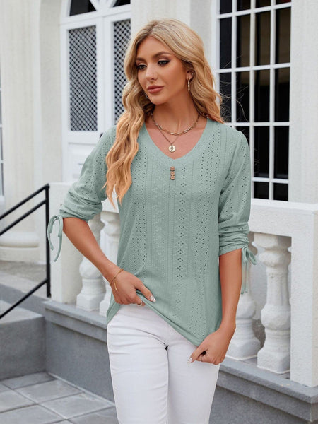 V-neck three-quarter sleeve buttoned drawstring loose T-shirt top