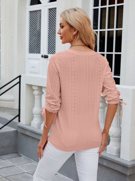 V-neck three-quarter sleeve buttoned drawstring loose T-shirt top