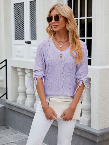 V-neck three-quarter sleeve buttoned drawstring loose T-shirt top