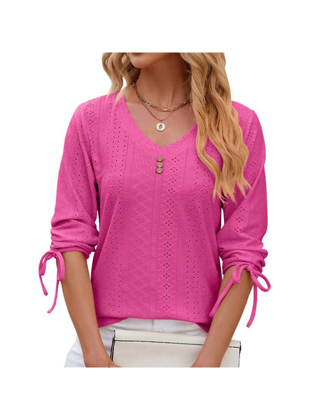 V-neck three-quarter sleeve buttoned drawstring loose T-shirt top