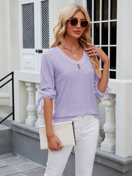 V-neck three-quarter sleeve buttoned drawstring loose T-shirt top