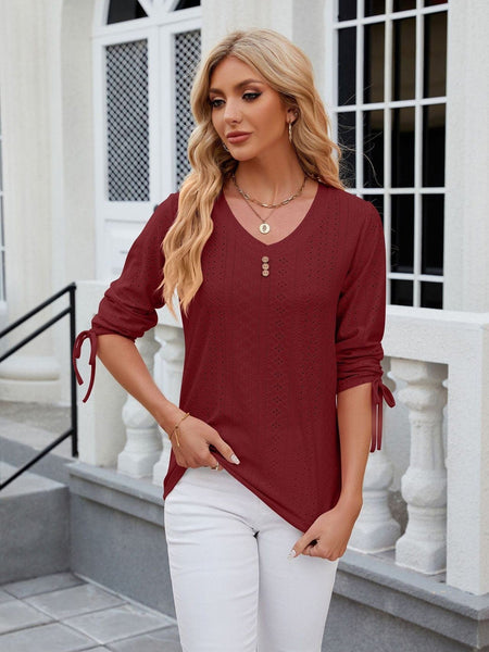 V-neck three-quarter sleeve buttoned drawstring loose T-shirt top