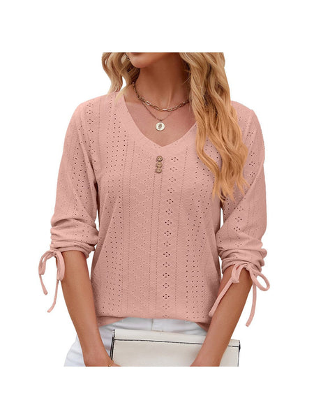 V-neck three-quarter sleeve buttoned drawstring loose T-shirt top