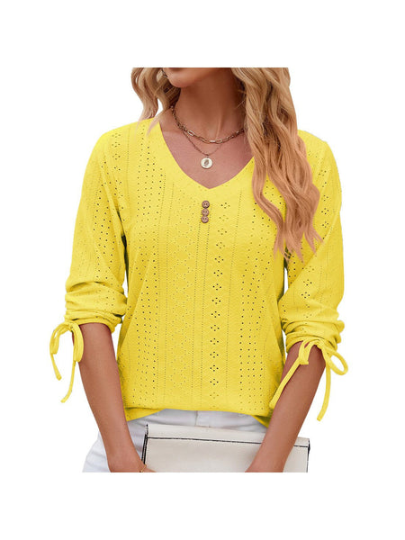 V-neck three-quarter sleeve buttoned drawstring loose T-shirt top