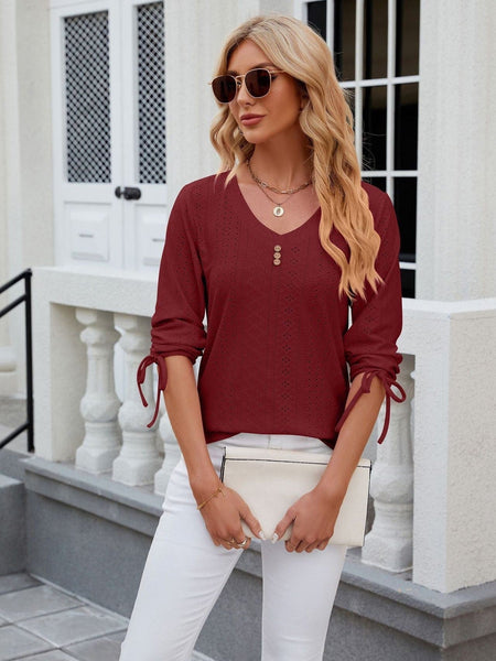 V-neck three-quarter sleeve buttoned drawstring loose T-shirt top