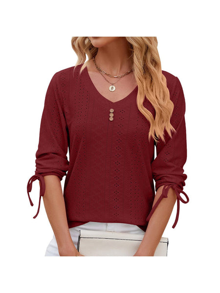V-neck three-quarter sleeve buttoned drawstring loose T-shirt top