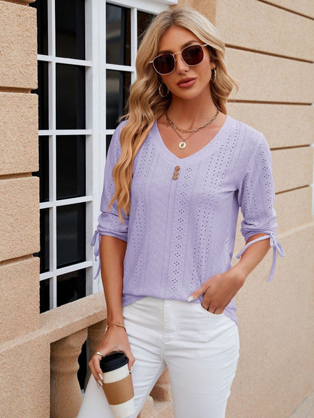 V-neck three-quarter sleeve buttoned drawstring loose T-shirt top