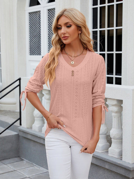 V-neck three-quarter sleeve buttoned drawstring loose T-shirt top