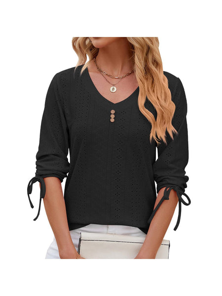 V-neck three-quarter sleeve buttoned drawstring loose T-shirt top