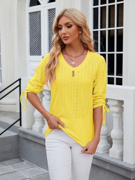 V-neck three-quarter sleeve buttoned drawstring loose T-shirt top