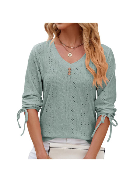 V-neck three-quarter sleeve buttoned drawstring loose T-shirt top