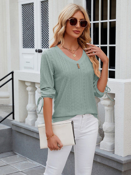 V-neck three-quarter sleeve buttoned drawstring loose T-shirt top