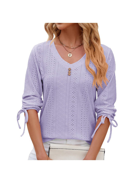 V-neck three-quarter sleeve buttoned drawstring loose T-shirt top