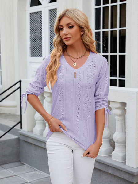 V-neck three-quarter sleeve buttoned drawstring loose T-shirt top