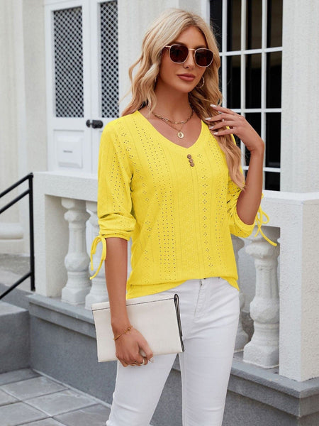 V-neck three-quarter sleeve buttoned drawstring loose T-shirt top