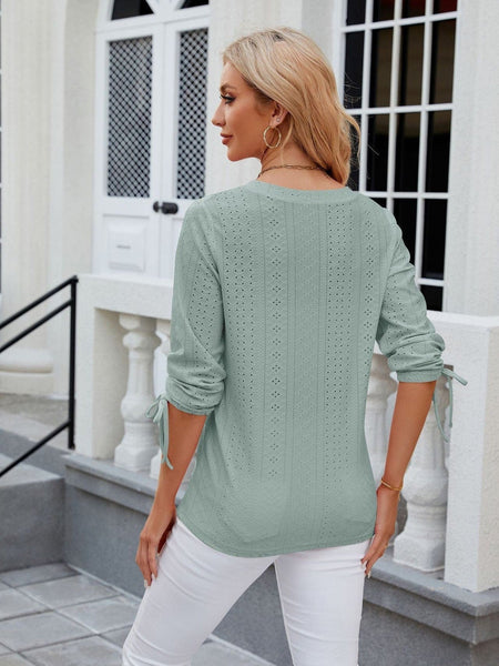 V-neck three-quarter sleeve buttoned drawstring loose T-shirt top