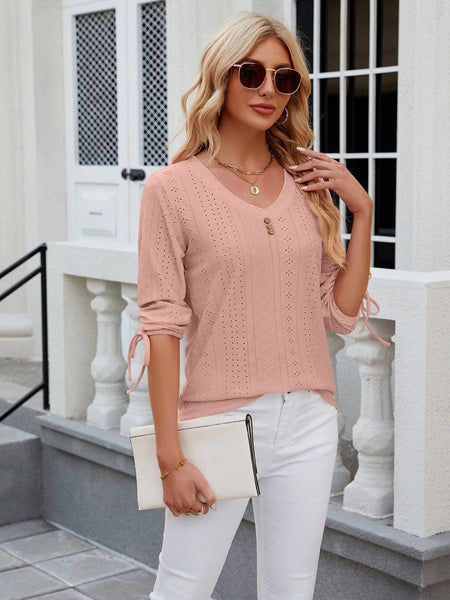 V-neck three-quarter sleeve buttoned drawstring loose T-shirt top