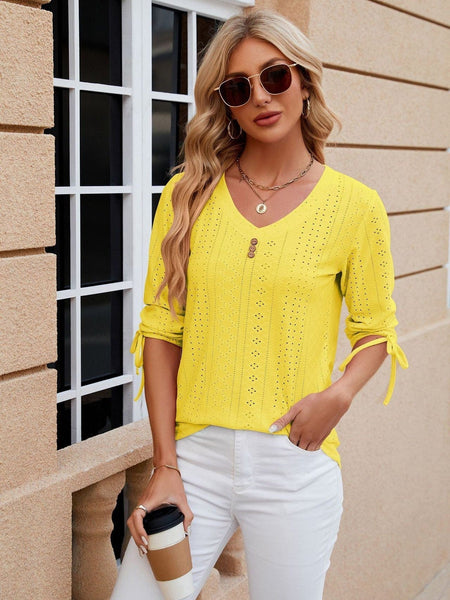 V-neck three-quarter sleeve buttoned drawstring loose T-shirt top