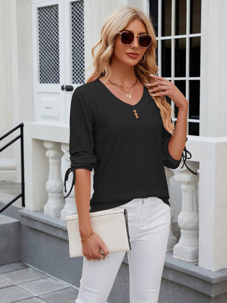V-neck three-quarter sleeve buttoned drawstring loose T-shirt top