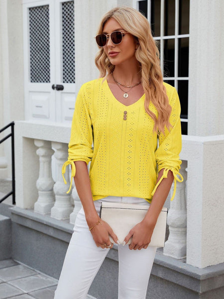 V-neck three-quarter sleeve buttoned drawstring loose T-shirt top