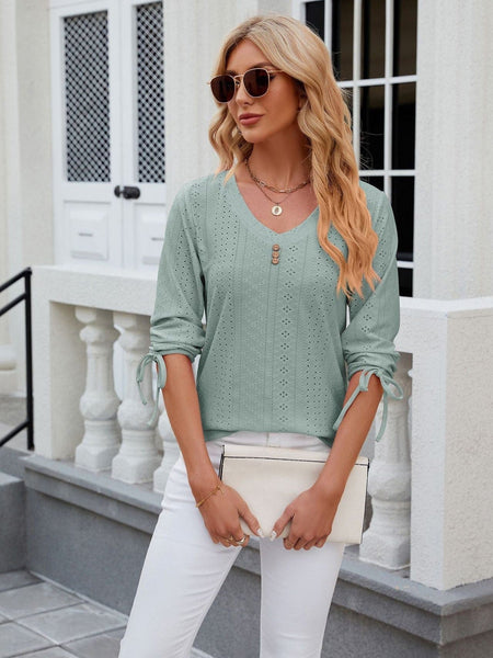 V-neck three-quarter sleeve buttoned drawstring loose T-shirt top