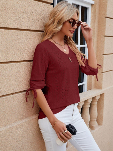V-neck three-quarter sleeve buttoned drawstring loose T-shirt top