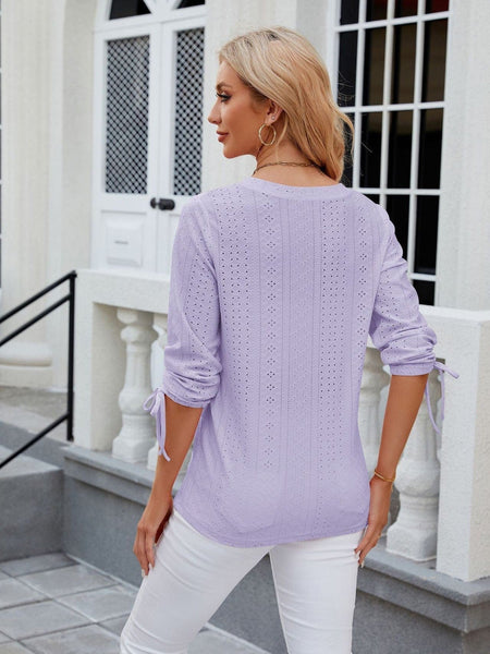 V-neck three-quarter sleeve buttoned drawstring loose T-shirt top