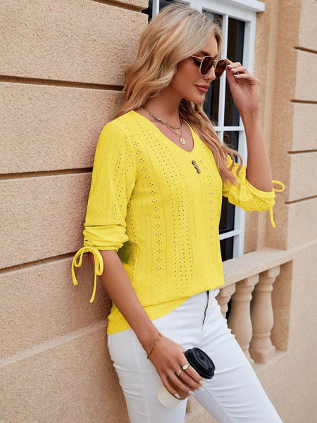V-neck three-quarter sleeve buttoned drawstring loose T-shirt top