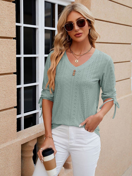 V-neck three-quarter sleeve buttoned drawstring loose T-shirt top